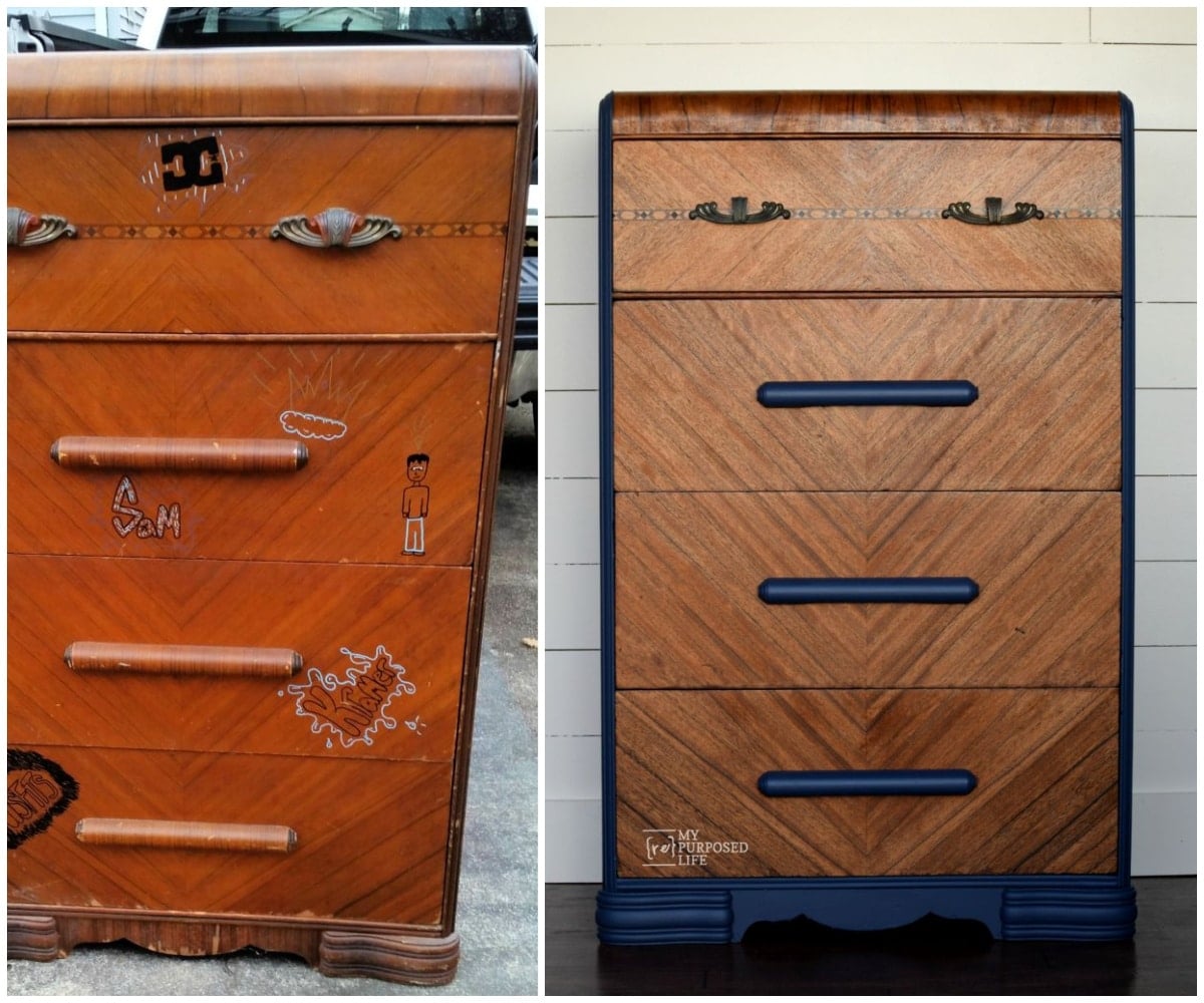 beat up waterfall dresser makeover