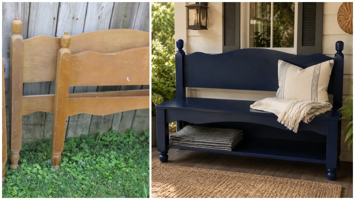 blue headboard bench with lower shelf