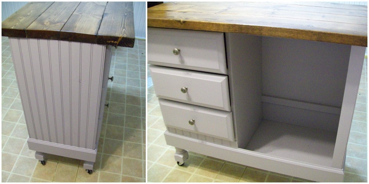 gray DIY kitchen island made from a desk