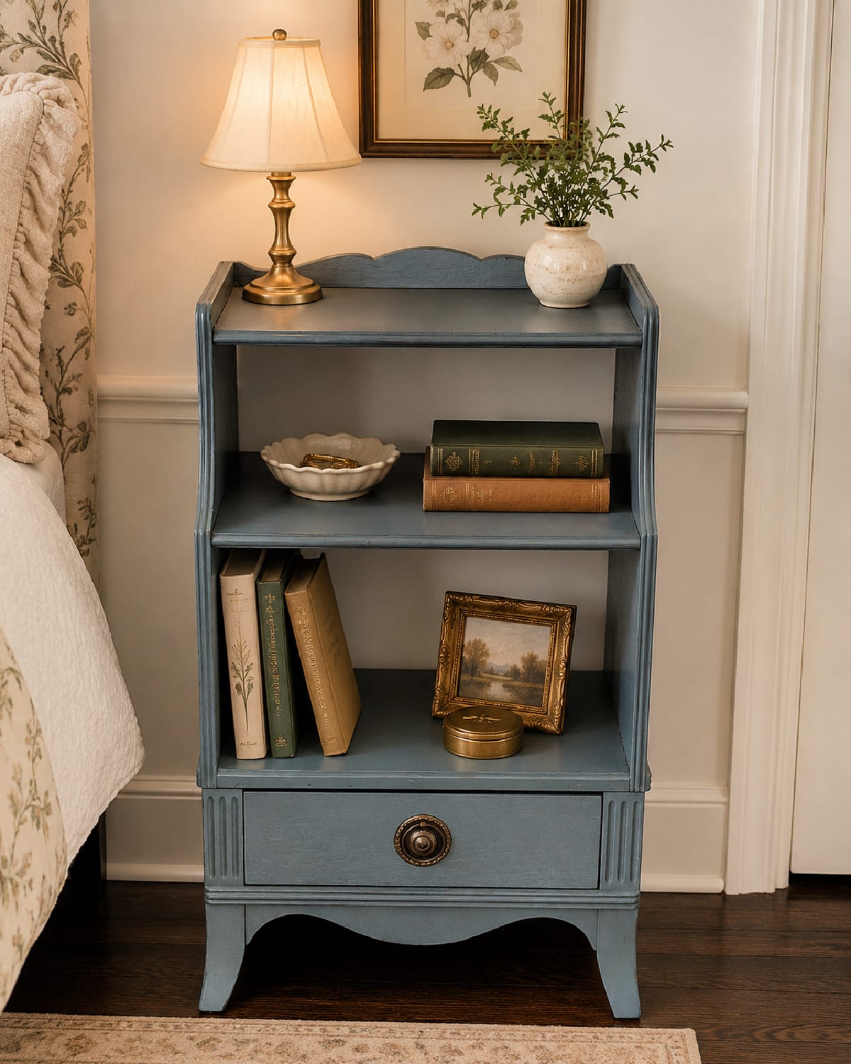 green vintage wooden phone stand as a nightstand