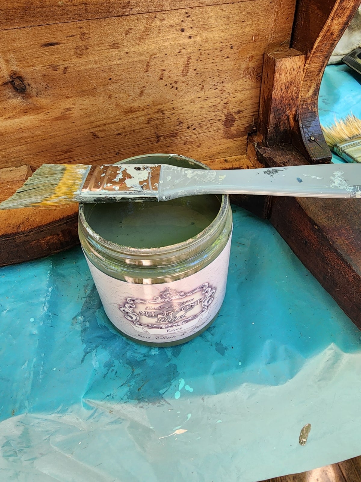 paint the underside of a vintage wooden phone stand