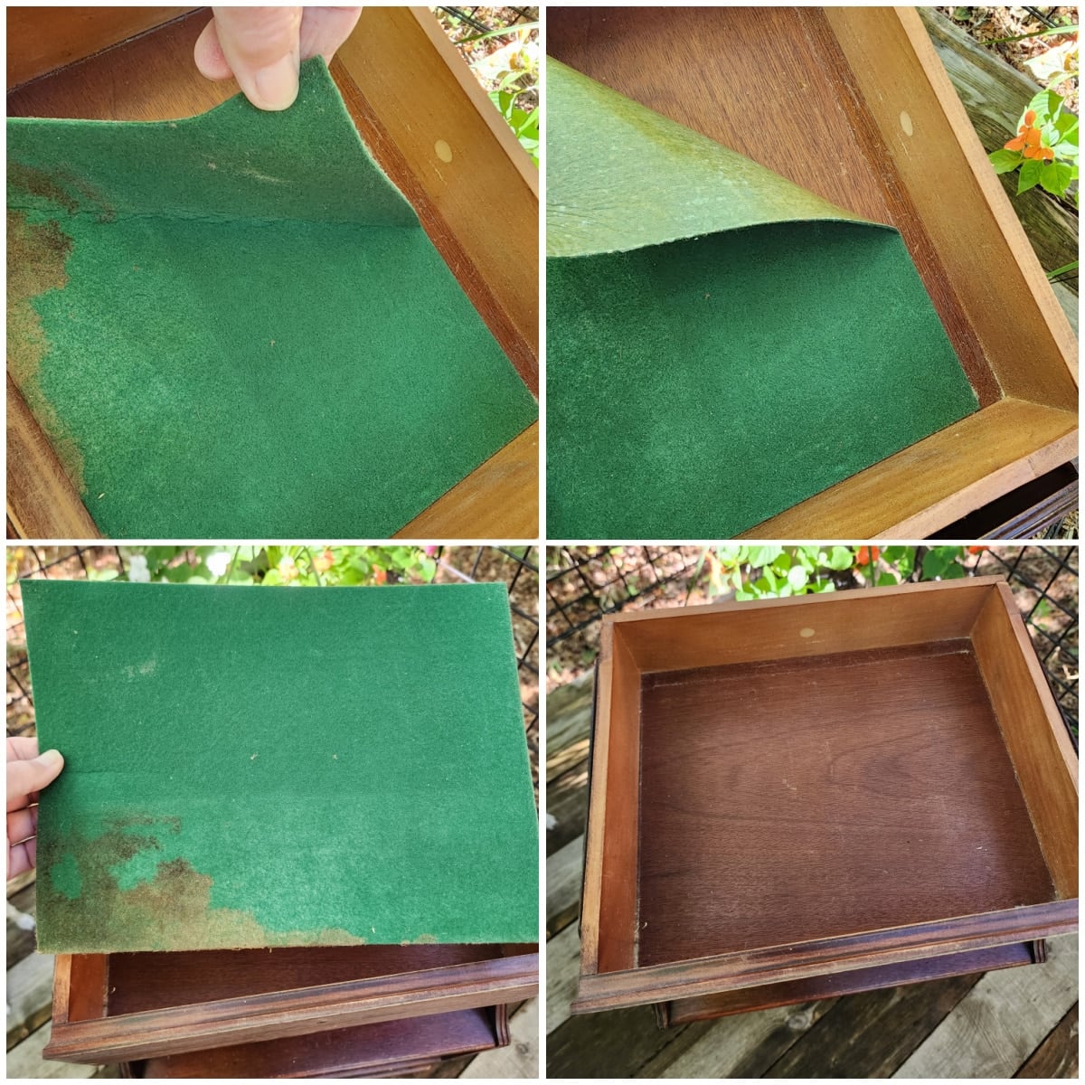 removing green felt from vintage drawer