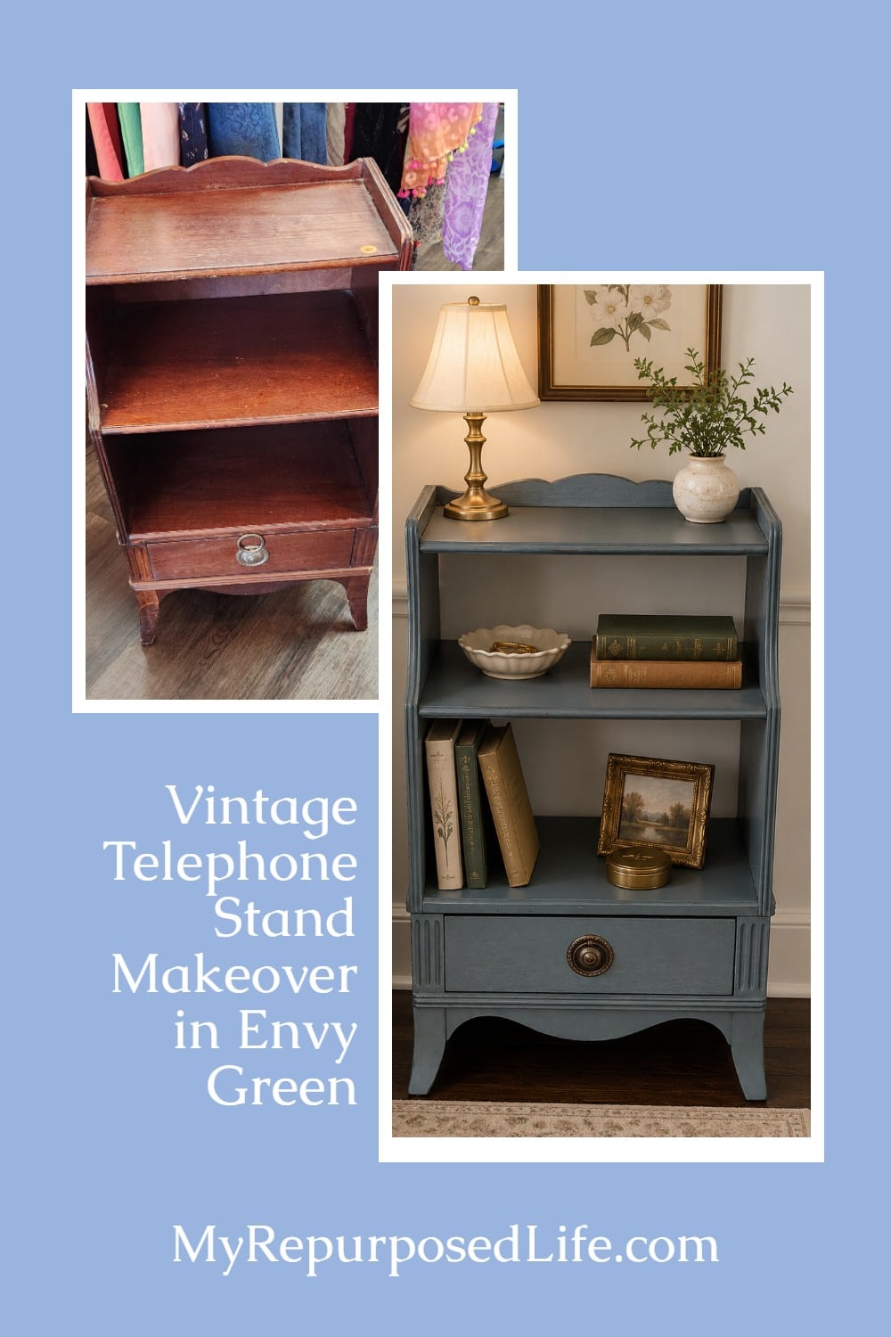 See how a $10 thrift store telephone stand was refreshed with Envy green paint while keeping its vintage charm and useful open shelves. via @repurposedlife