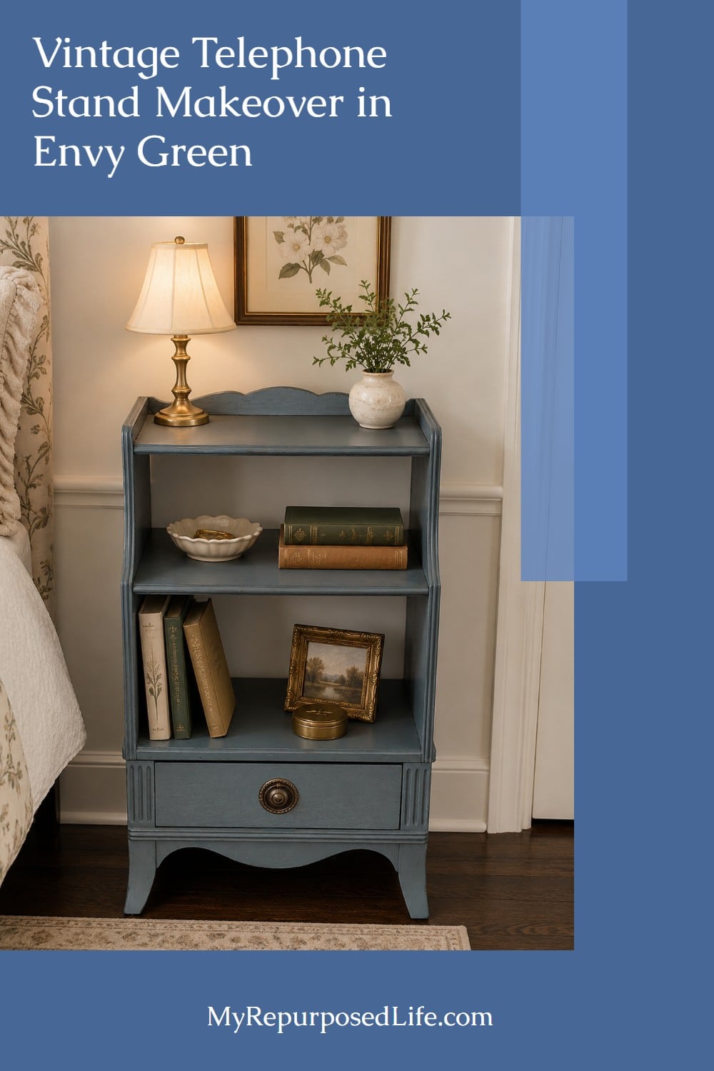 See how a $10 thrift store telephone stand was refreshed with Envy green paint while keeping its vintage charm and useful open shelves. via @repurposedlife