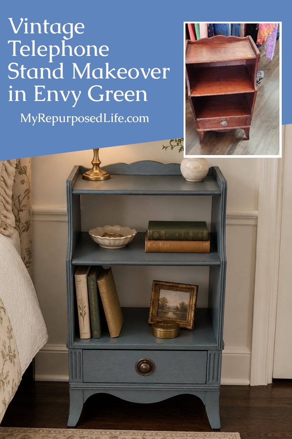 See how a $10 thrift store telephone stand was refreshed with Envy green paint while keeping its vintage charm and useful open shelves. via @repurposedlife