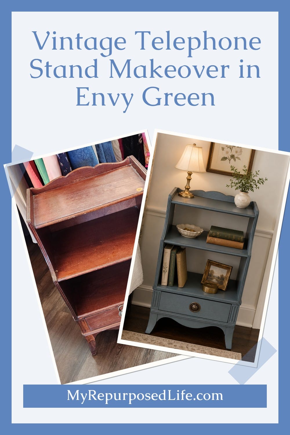 See how a $10 thrift store telephone stand was refreshed with Envy green paint while keeping its vintage charm and useful open shelves. via @repurposedlife