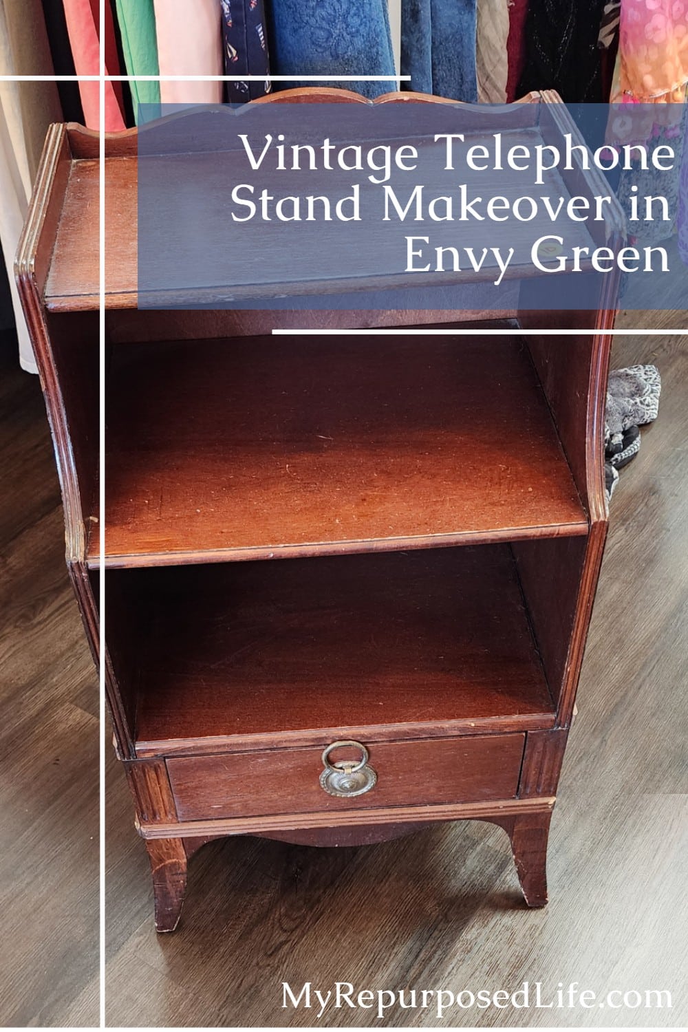 See how a $10 thrift store telephone stand was refreshed with Envy green paint while keeping its vintage charm and useful open shelves. via @repurposedlife