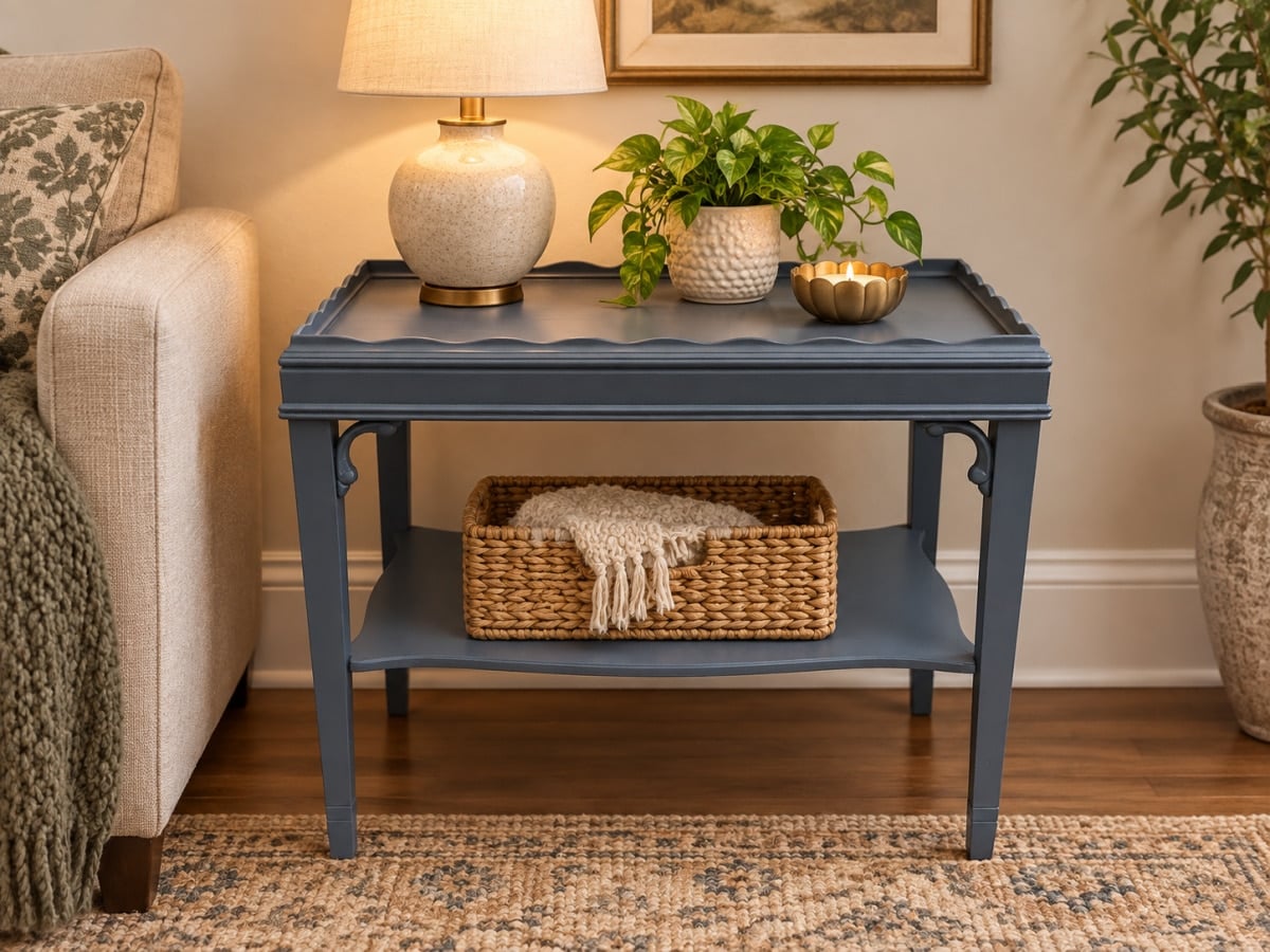 small dark gray thrift store side table with accessories