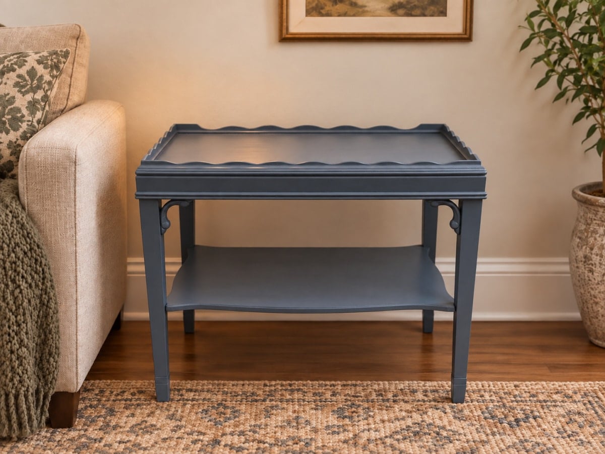 small dark gray thrift store side table without accessories