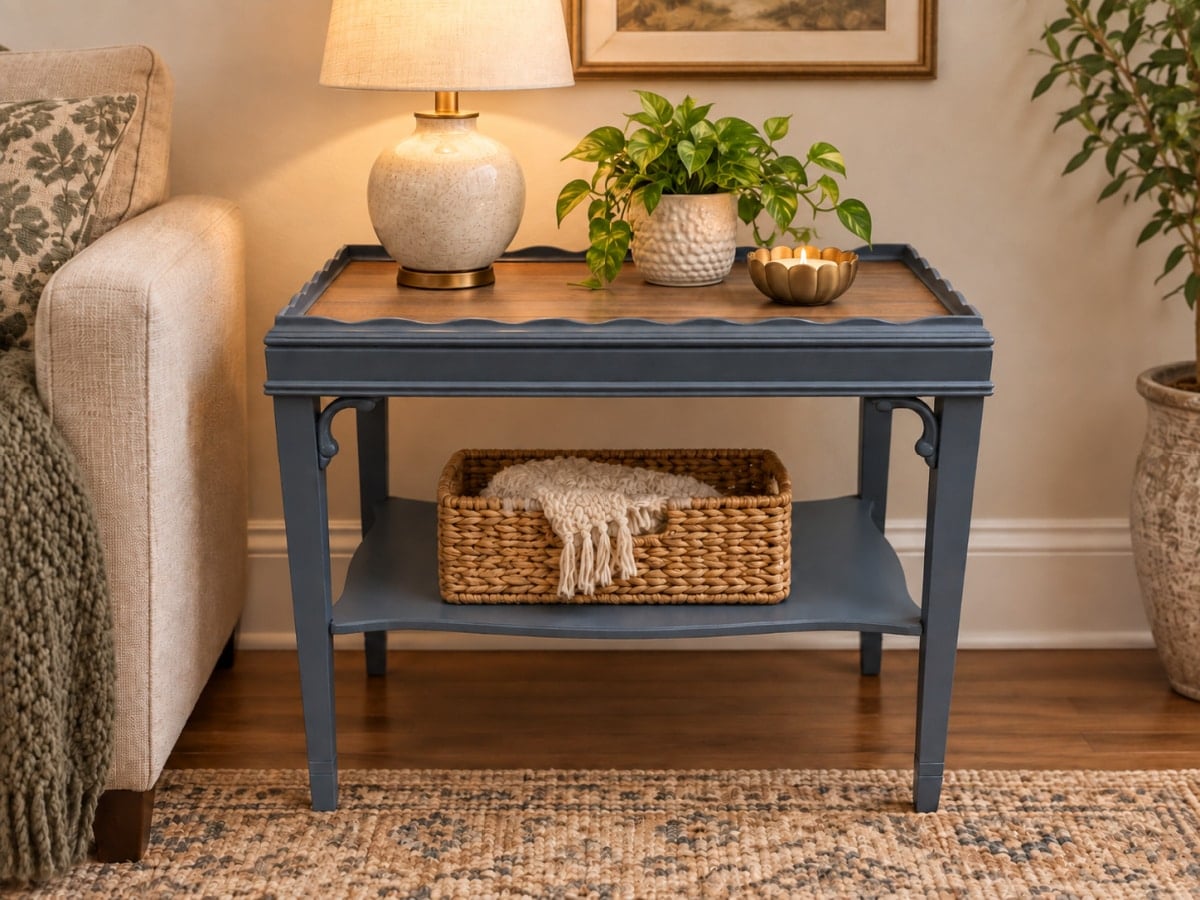 small dark gray thrift store table with a plank wood top and accessories