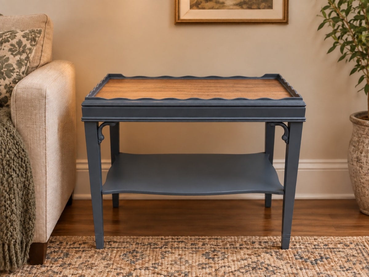 small dark gray thrift store table with a wood plank top added