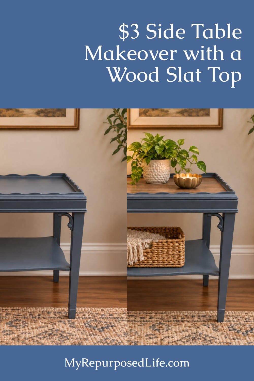 three dollar side table makeover with a wood slat top via @repurposedlife