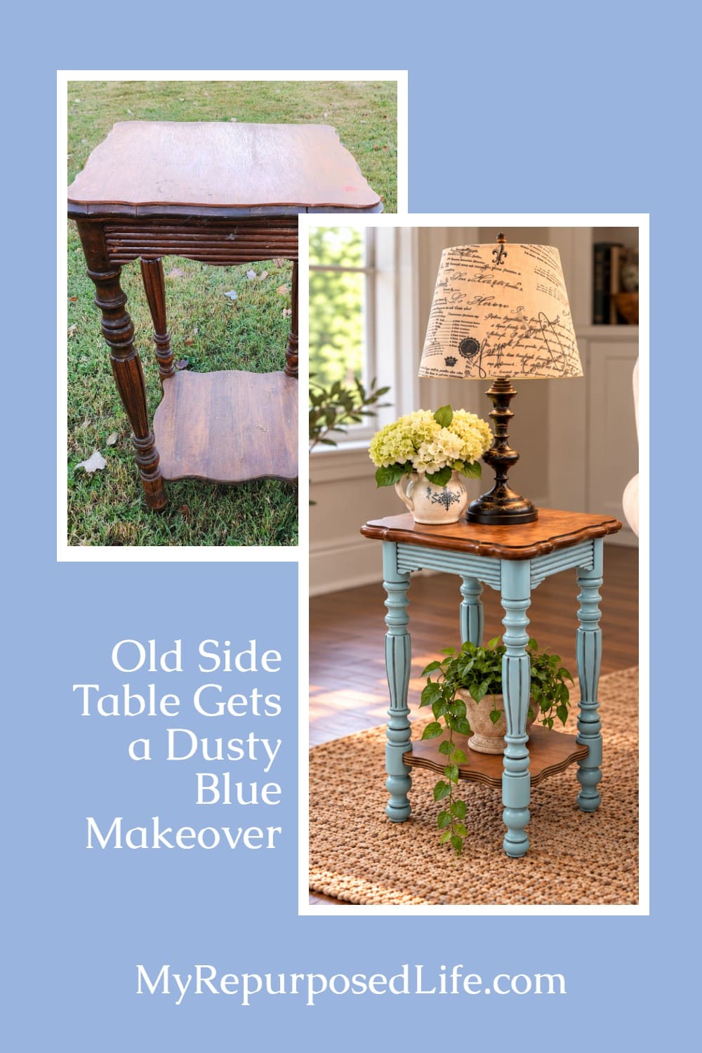 Definitely Dusty Vintage Side Table Makeover in Dusty Blue - My Repurposed Life®