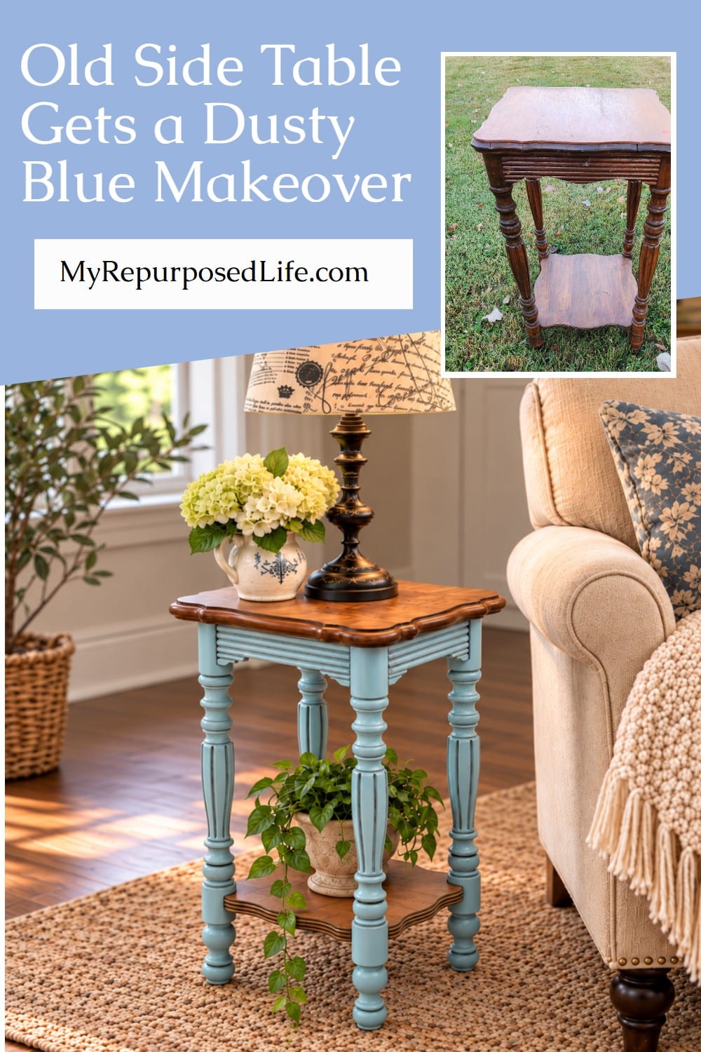 Table With Pin Boards Vintage Side Table Makeover in Dusty Blue - My Repurposed Life®