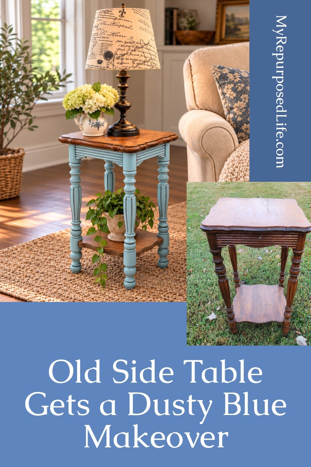 Table With Pin Boards Vintage Side Table Makeover in Dusty Blue - My Repurposed Life®