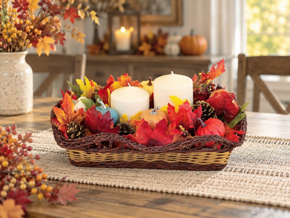 thrifted fall centerpiece with candles